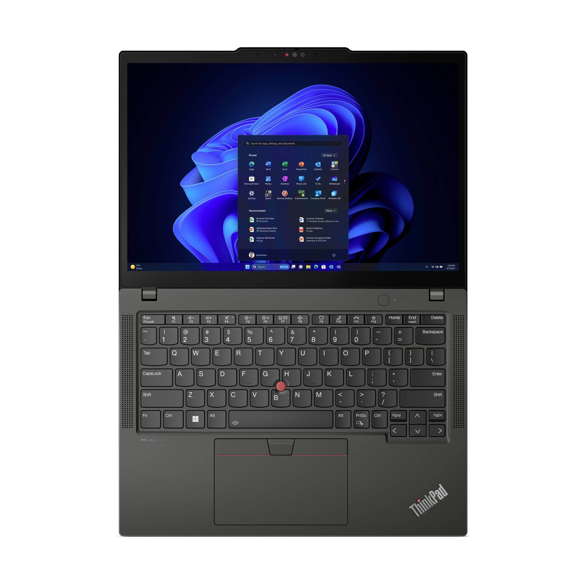 Laptop mit schwarzer Tastatur, darauf angezeigt ist ein Desktop mit geöffneter Startmenüansicht von Windows 11.