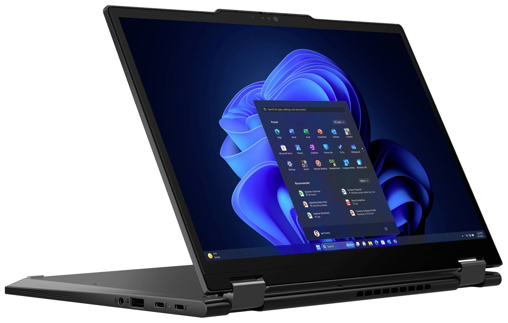Ein umgewandelter Laptop zeigt einen Bildschirm mit dem Betriebssystem Windows 11. Die Hauptfarbe des Hintergrunds ist Blau.