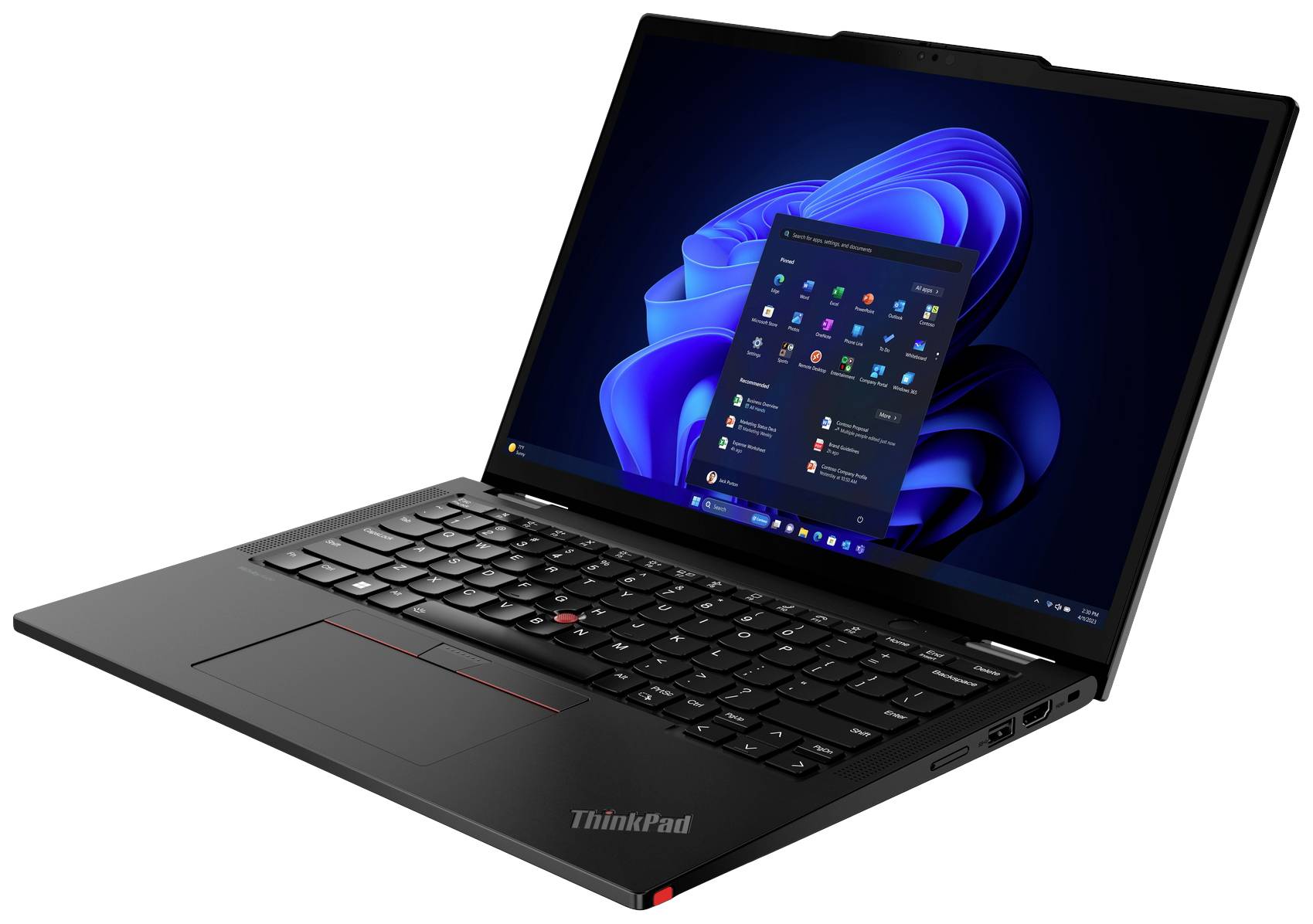 Ein schwarzer Laptop in geöffneter Position zeigt den Startbildschirm von Windows mit verschiedenen App-Symbolen.