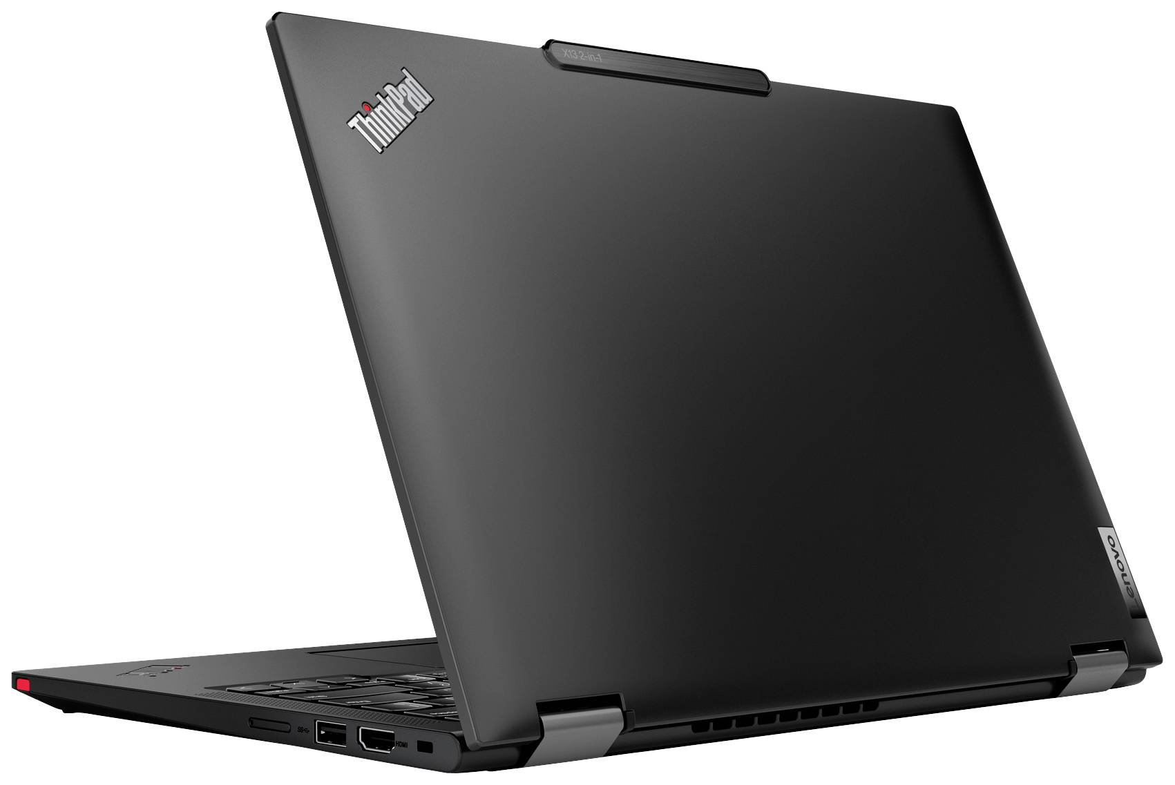 Laptop, von hinten gezeigt, Modelllabel sichtbar. Schwarzes Gehäuse, aufgeklappt. Anschlüsse auf der linken Seite erkennbar.