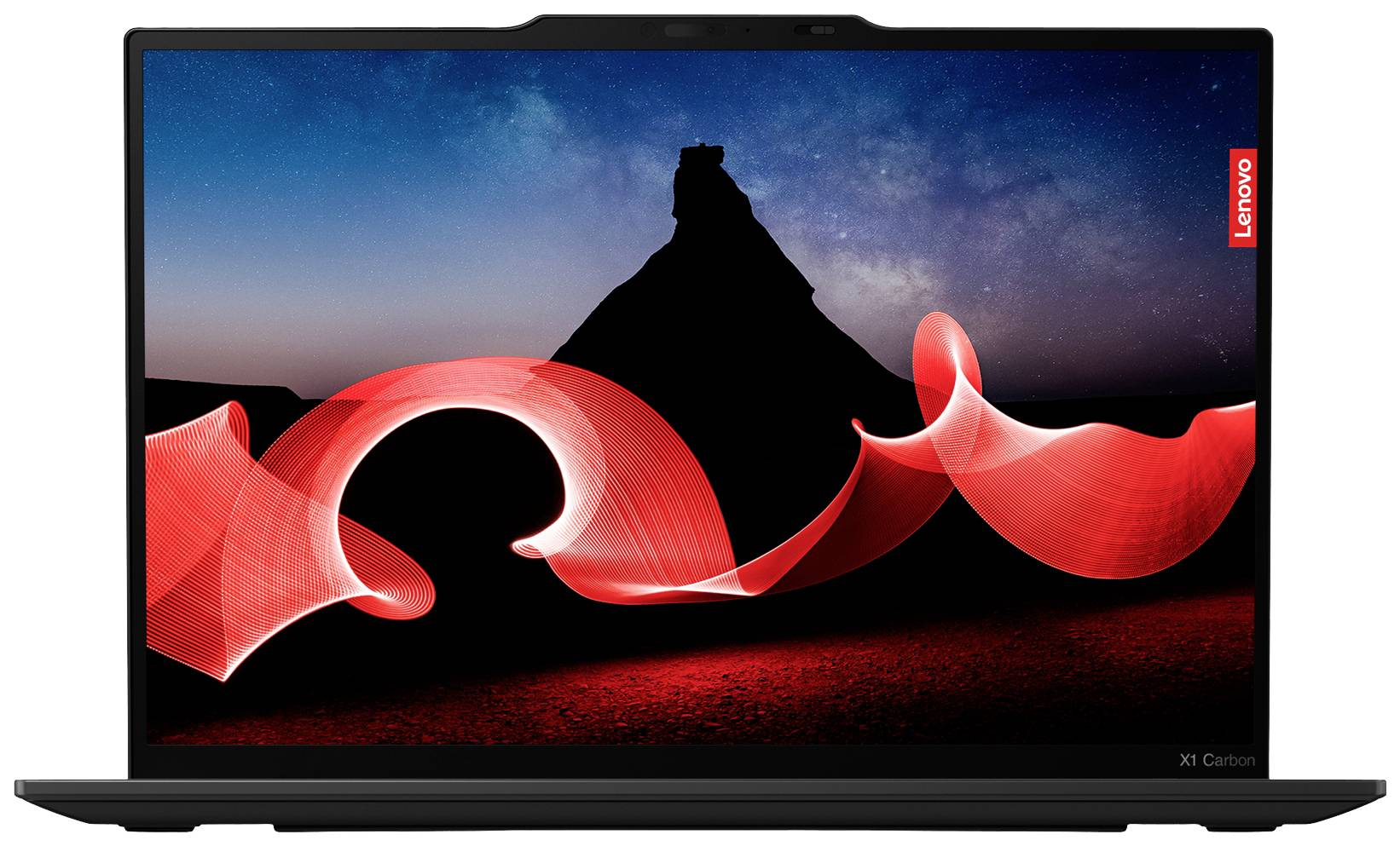 Ein Laptop mit einem Bildschirmschoner, der rote, geschwungene Lichtformen vor einem Berg im Hintergrund zeigt.