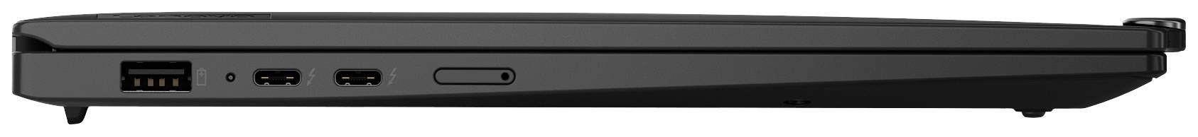 Seitenansicht eines geschlossenen Laptops mit Anschlüssen: zwei USB-Ports, ein HDMI-Anschluss und ein Netzschalter.