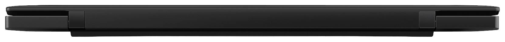 Ein geschlossenes, schwarzes Laptop von der Seite gesehen, zeigt die flache, rechteckige Form ohne sichtbare Tasten oder Bildschirm.