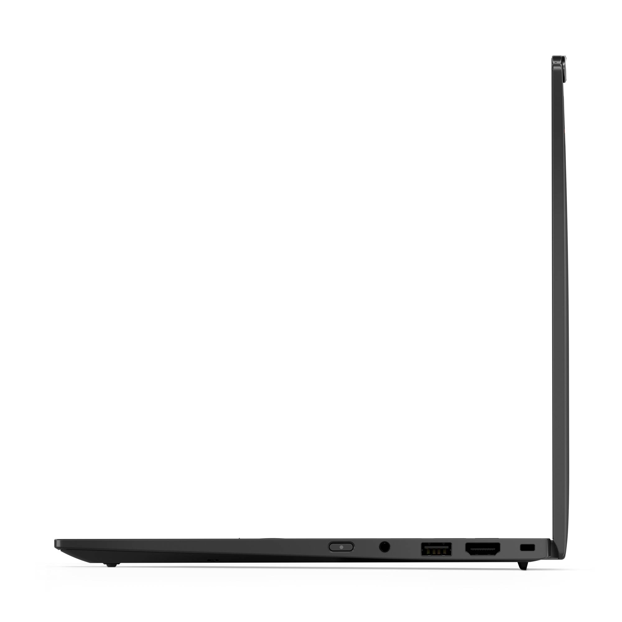 Ein schlanker Laptop, seitlich geöffnet, zeigt verschiedene Anschlüsse an der Seite. Minimalistisches Design, flach aufgeklappt.