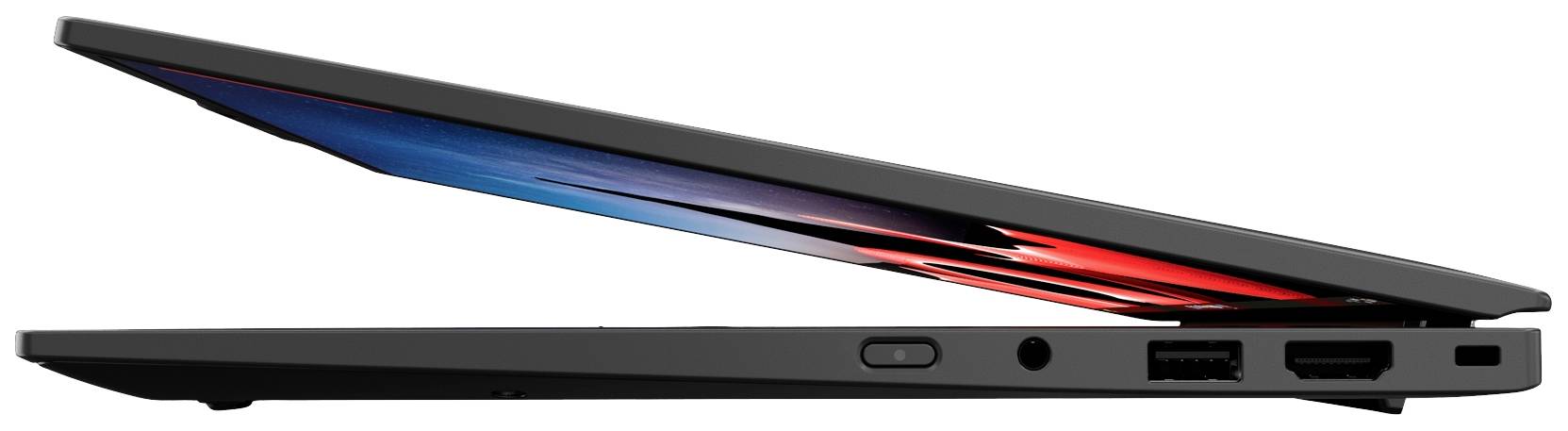 Ein leicht geöffneter Laptop zeigt einen digitalen Bildschirm in lebendigen Farben. Seitenansicht des Geräts mit mehreren Anschlüssen sichtbar.