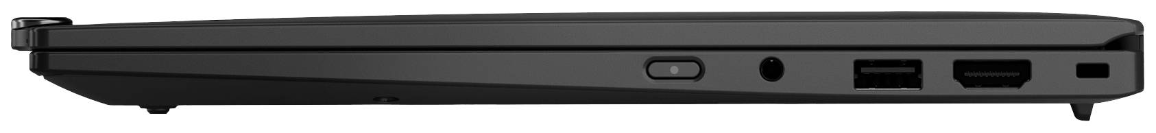 'Seitenansicht eines geschlossenen, schwarzen Laptops mit mehreren Anschlüssen auf der rechten Seite.'