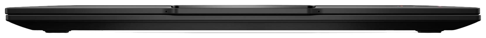 Ein flacher, rechteckiger schwarzer Koffer mit einem Griff in der Mitte, gezeigt aus der Seitenansicht.