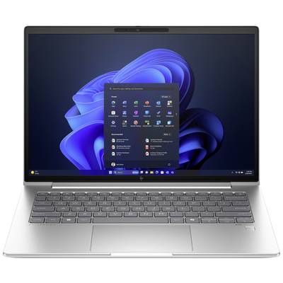 Ein geöffneter Laptop zeigt einen Bildschirm mit dem Startmenü von Windows 11, einschließlich App-Symbolen und einer Taskleiste.