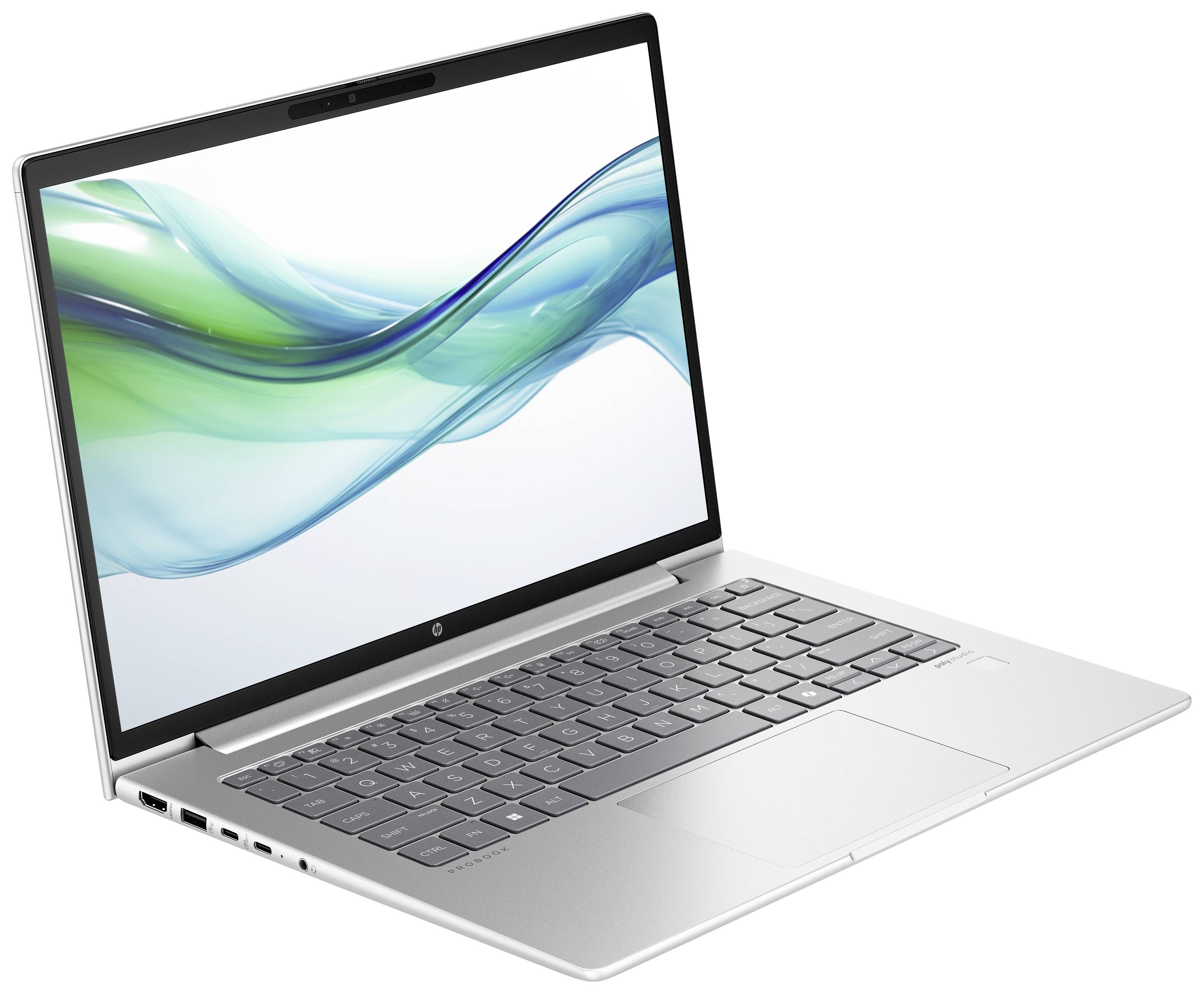 Silberner Laptop mit geöffnetem Bildschirm zeigt ein abstraktes, wellenförmiges Muster in Blau und Grün. Links sind mehrere Anschlüsse sichtbar.