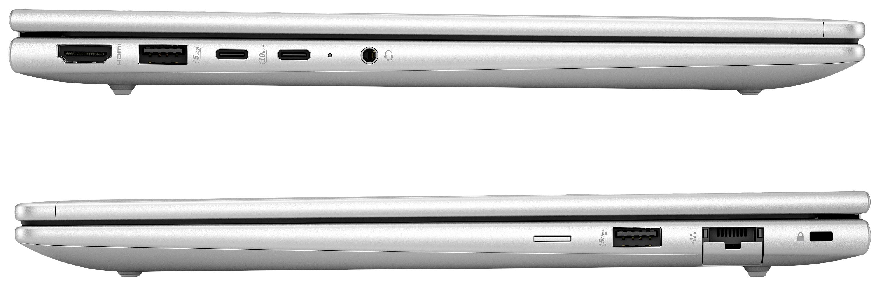 Zwei Laptops seitlich dargestellt; oberer Laptop zeigt verschiedene Anschlüsse, unterer Laptop zeigt weitere Anschlüsse und den Netzschalter.