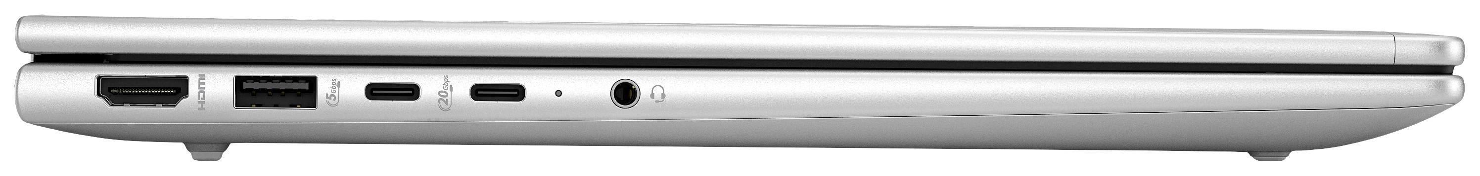Laptop-Seitenansicht mit HDMI-, USB-, USB-C- und Audioanschluss. Silbernes Gehäuse, flaches Design.