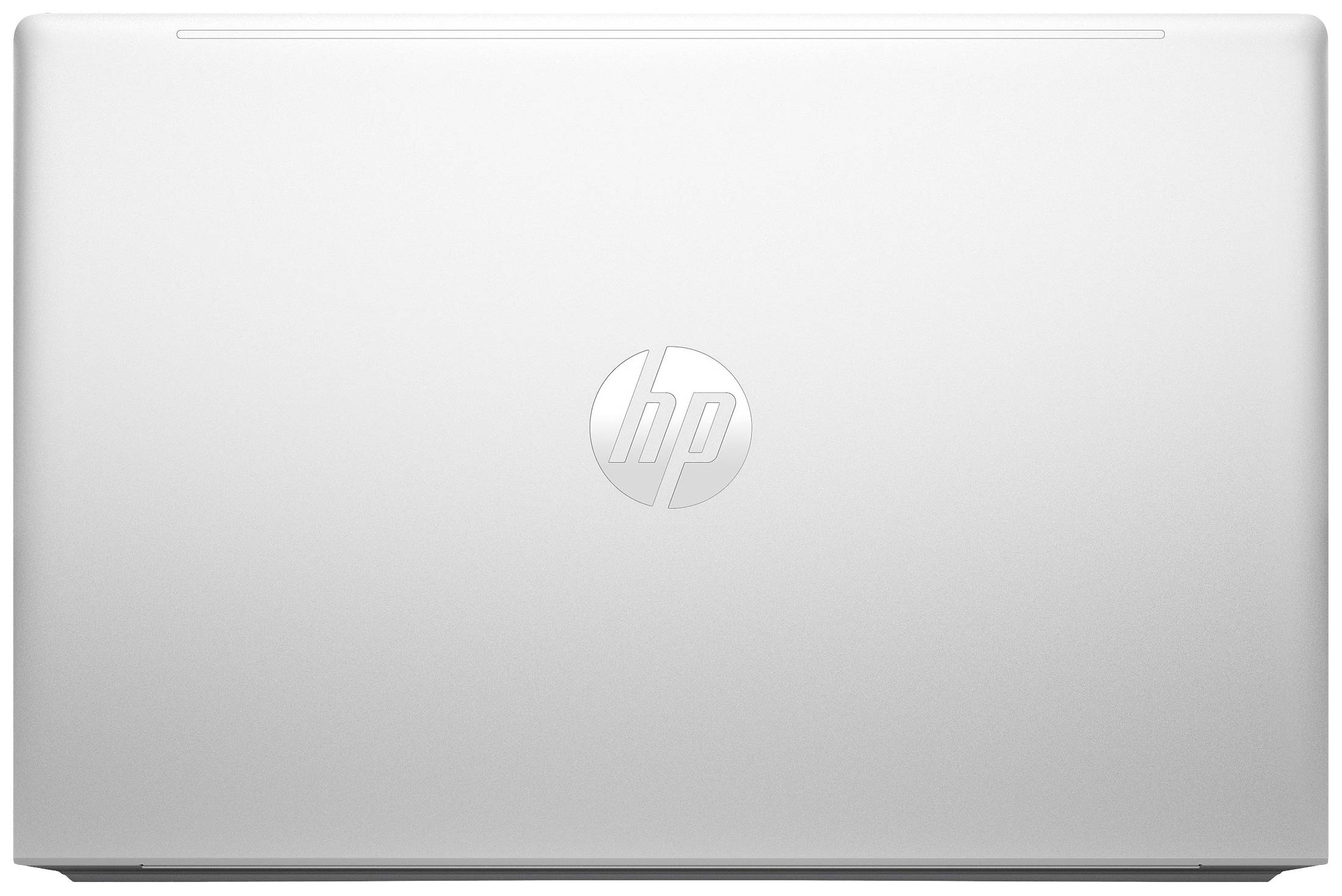 Silberner Laptopdeckel mit HP-Logo in der Mitte.