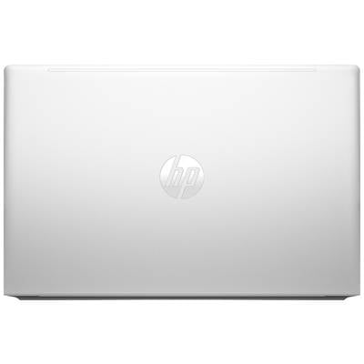 Silberner Laptopdeckel mit HP-Logo in der Mitte.