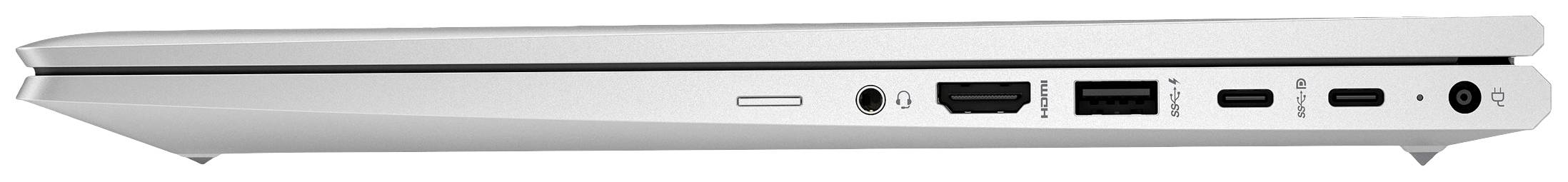 Ein silberner Laptop von der Seite, zeigt mehrere Anschlüsse: HDMI, USB, USB-C und einen Kopfhöreranschluss.