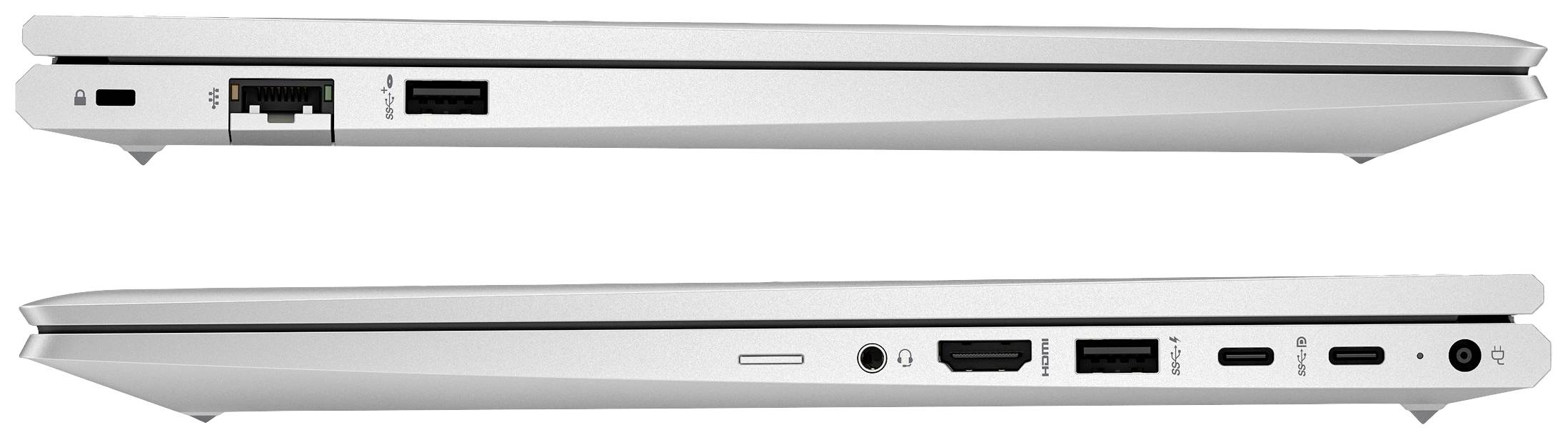 Silberner Laptop von der Seite; zeigt Anschlüsse wie USB, HDMI, Ethernet und Audio.