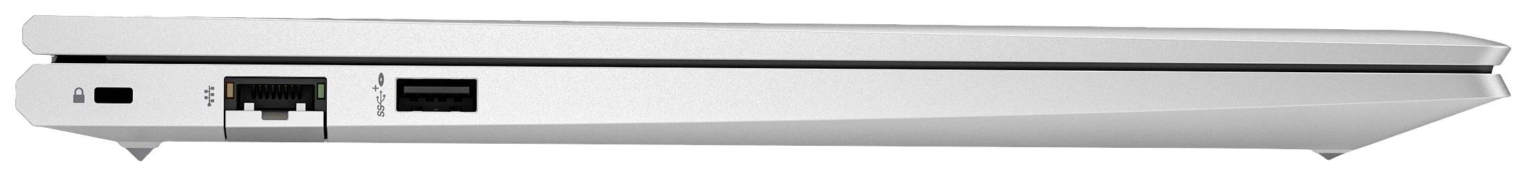 Ein geschlossenes silbernes Laptopgehäuse von der Seite, mit Ethernet- und USB-Anschlüssen sichtbar.