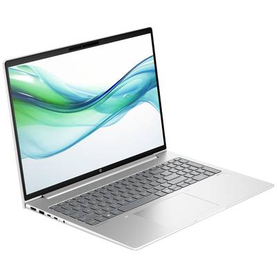 Ein silberner Laptop mit geöffneter Abdeckung zeigt einen Bildschirm mit türkisfarbenem Wellenmotiv. Tastatur und Touchpad sichtbar.