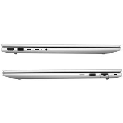 Seitenansicht eines Laptops zeigt die Anschlüsse: HDMI, zwei USB, USB-C und Kopfhörerbuchse oben; unten Ethernet und USB.