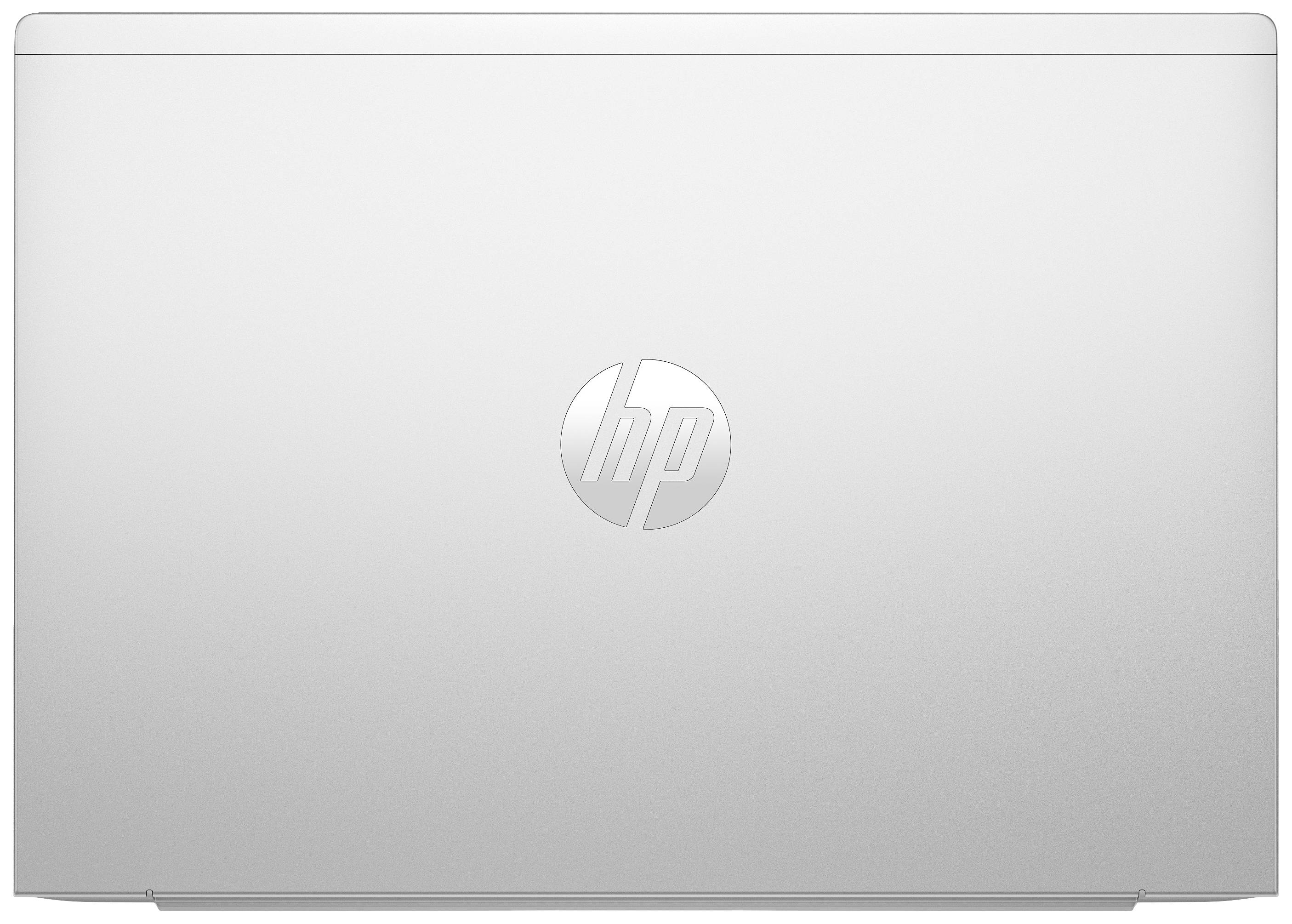 Laptop von oben, geschlossen. Silberne Farbe mit HP-Logo in der Mitte des Deckels.
