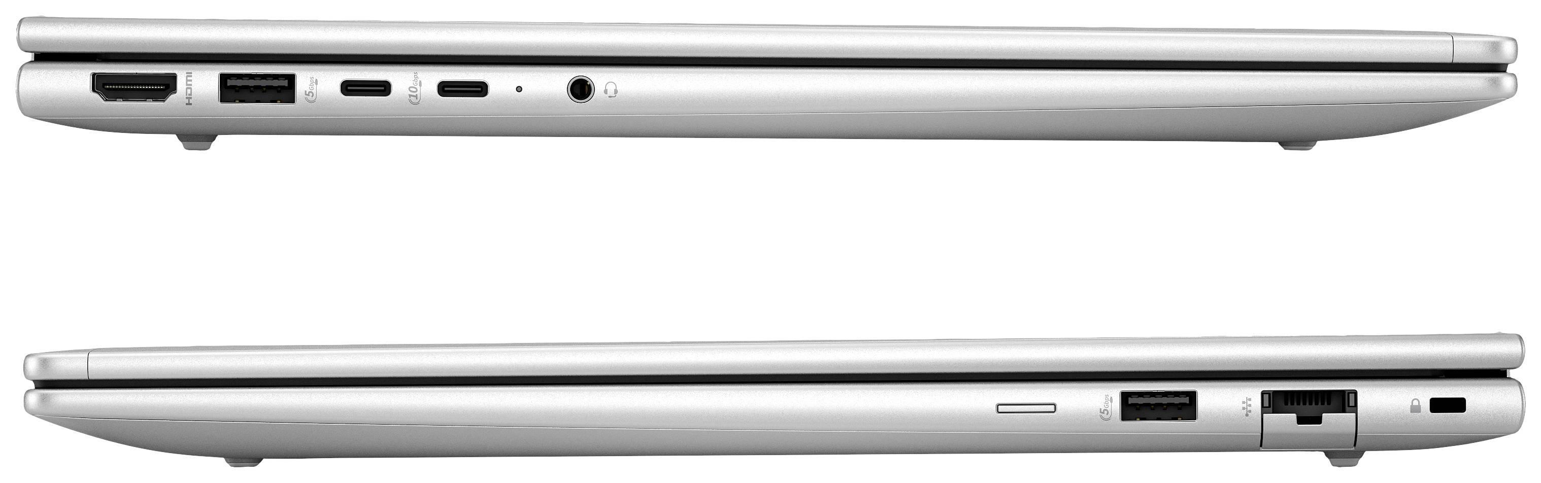 Zwei Laptops, seitlich von links und rechts betrachtet. Links zeigt Ports wie HDMI und USB, rechts weniger Anschlüsse. Silbernes Design.