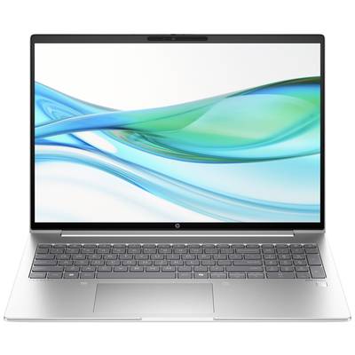 Ein silberner Laptop mit geöffneter Klappe, der einen Bildschirm mit blau-grünen Wellenmustern zeigt.