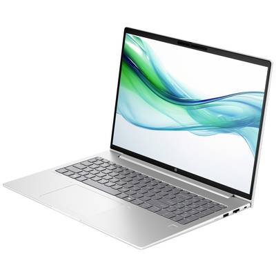 Ein moderner Laptop mit silbernem Gehäuse und geöffnetem Display zeigt lebendige, abstrakte blaue und grüne Farbschleier.
