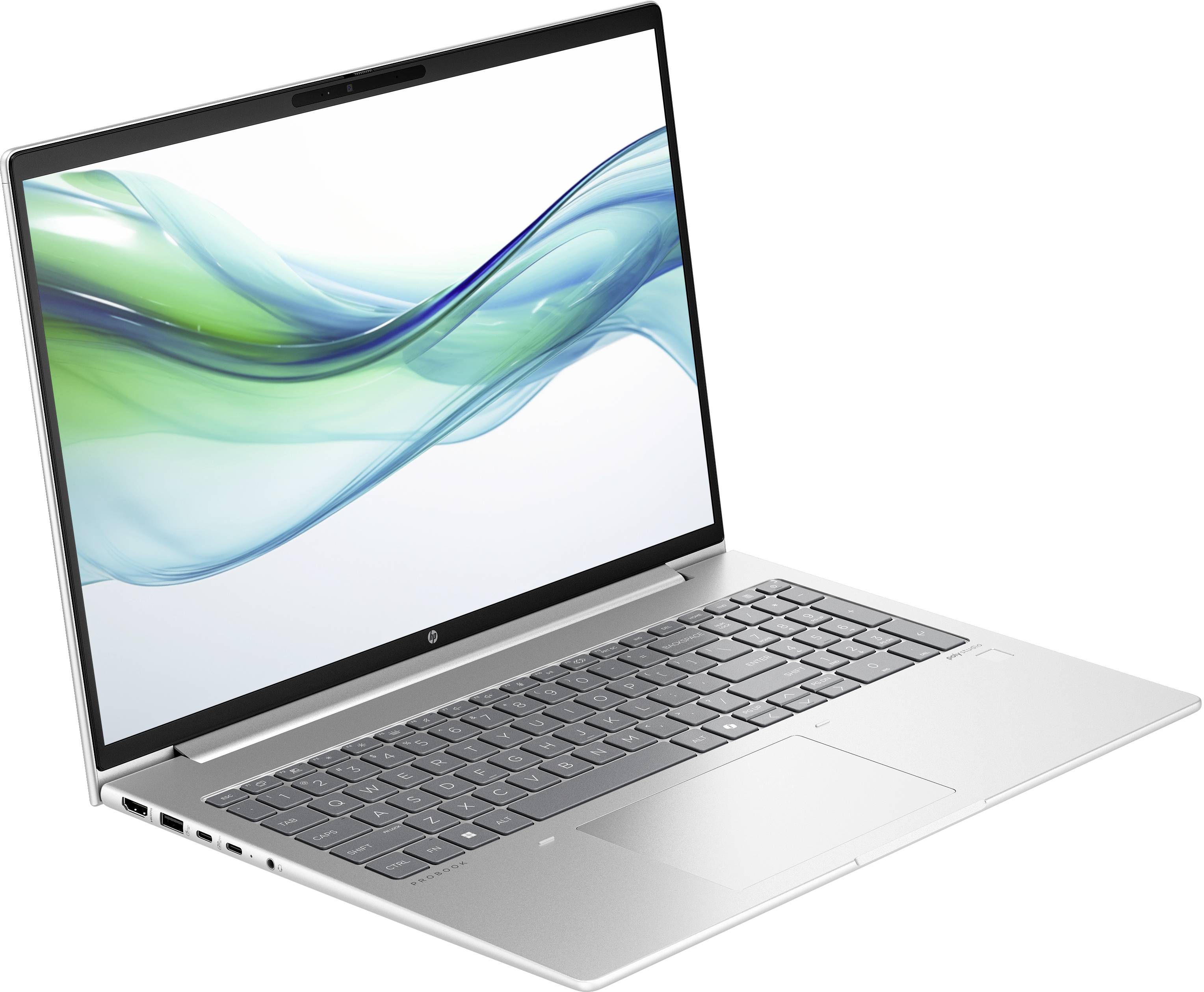 Ein moderner Laptop mit grauem Gehäuse und farbigem Bildschirmhintergrund ist auf einem weißen Hintergrund abgebildet.