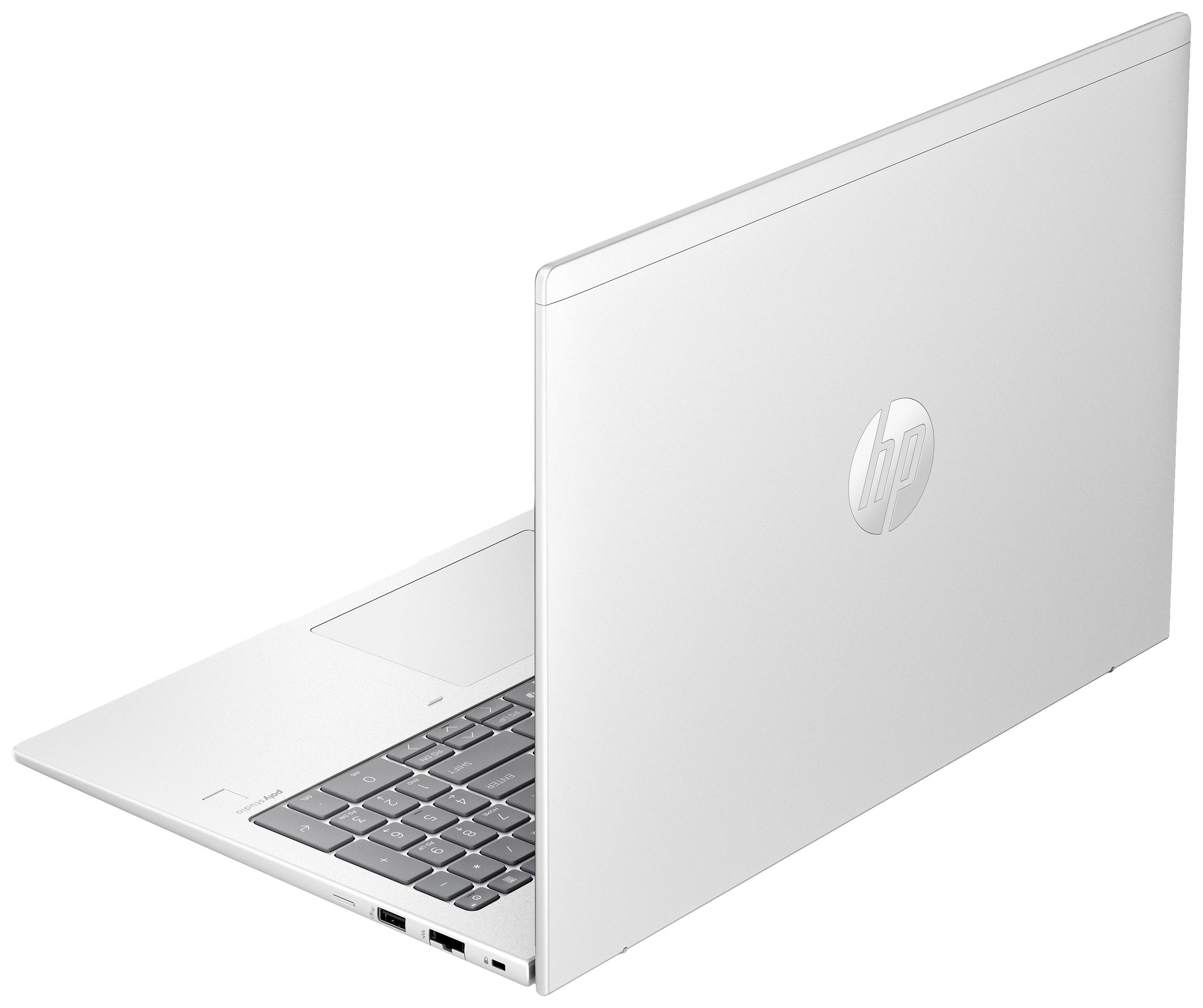 Ein silberner Laptop, leicht geöffnet, zeigt Tastatur und HP-Logo auf dem Deckel.