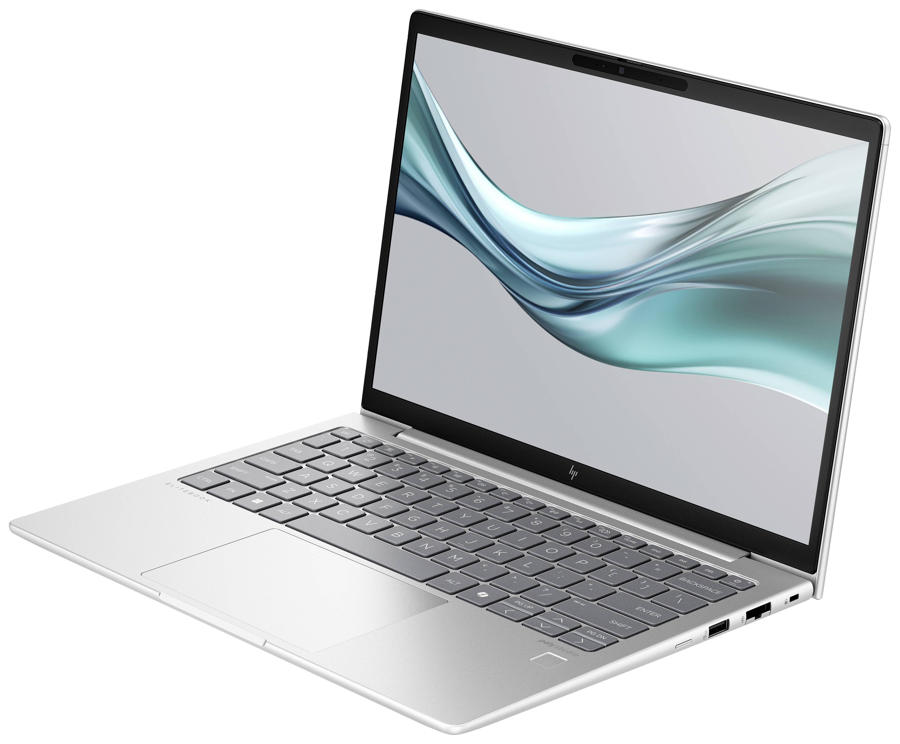 Ein Silber-Laptop auf weißem Hintergrund, geöffnet mit sichtbarer Tastatur und Bildschirm, der ein blaues Wellenmuster zeigt.