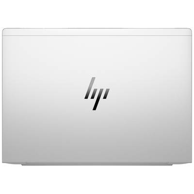 Ein silberner Laptop im geschlossenen Zustand mit einem schwarzen Logo in der Mitte des Deckels.