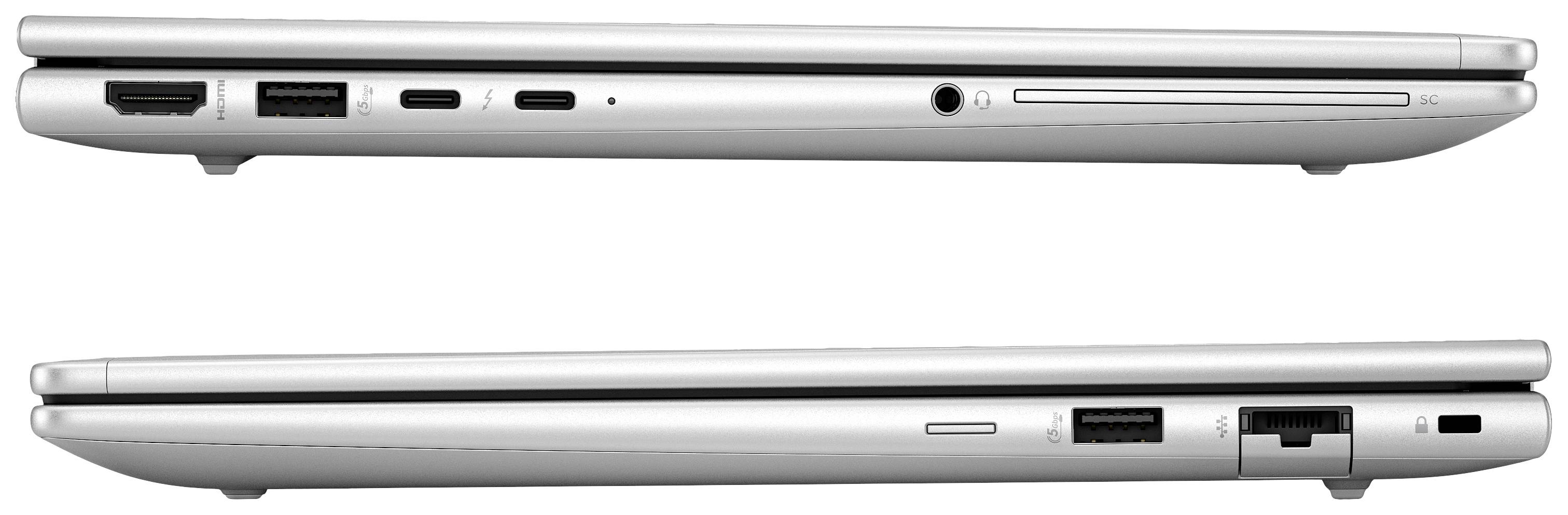 Zwei silberne Laptops von der Seite gezeigt, mit sichtbaren Anschlüssen wie HDMI, USB und Ethernet. Der obere Laptop zeigt die linke Seite, der untere die rechte.