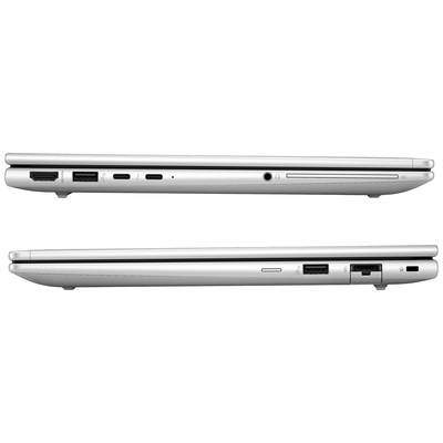 Zwei silberne Laptops von der Seite gezeigt, mit sichtbaren Anschlüssen wie HDMI, USB und Ethernet. Der obere Laptop zeigt die linke Seite, der untere die rechte.
