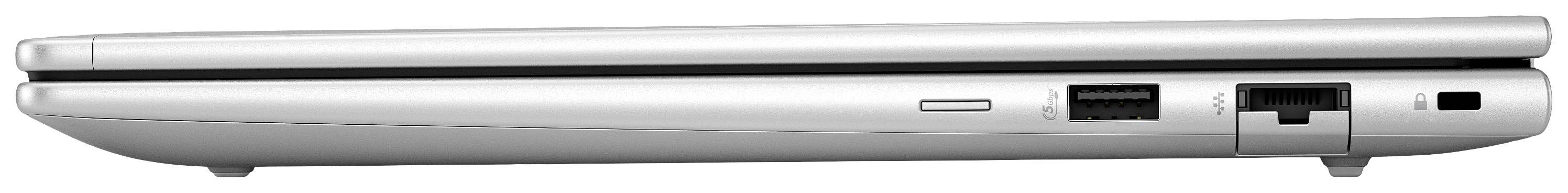 Ein geschlossenes silbernes Laptop, Seitenansicht. Sichtbare Anschlüsse sind USB, Ethernet und ein Audioanschluss.