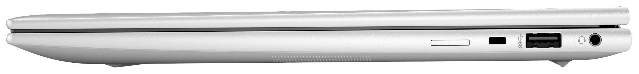 Geschlossener silberner Laptop von der Seite gesehen, zeigt Anschlüsse und schlankes Design.