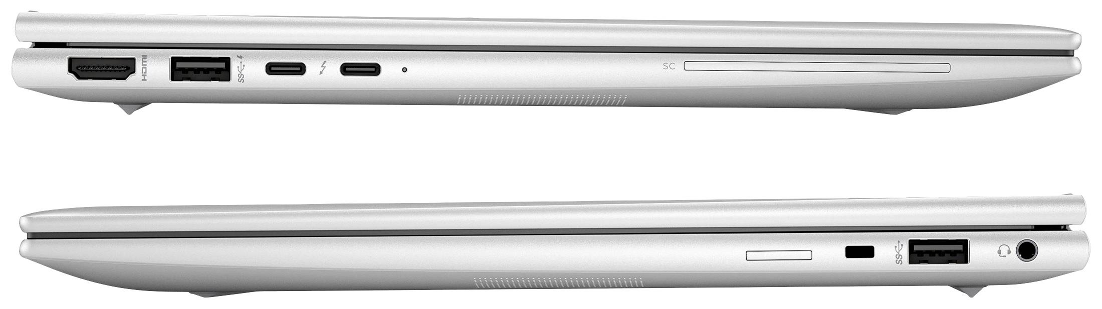 Zwei geschlossene Laptops, nebeneinander liegend. Der obere zeigt die linke Seite mit Anschlüssen, der untere die rechte Seite.