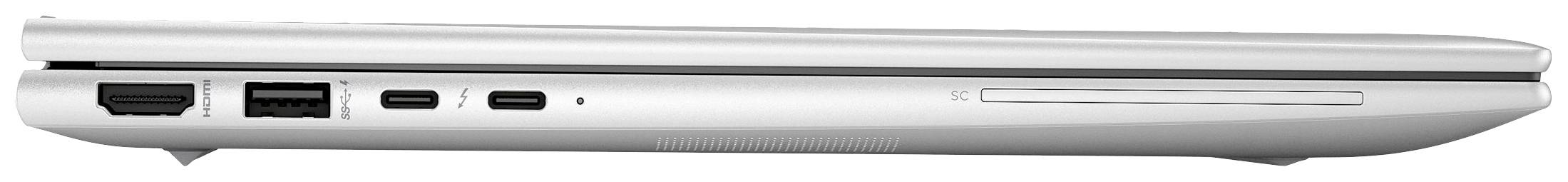 Ein seitlich geschlossener Laptop zeigt Anschlüsse: USB, HDMI, und Kopfhörerbuchse. Das Design ist schlank und silbern.