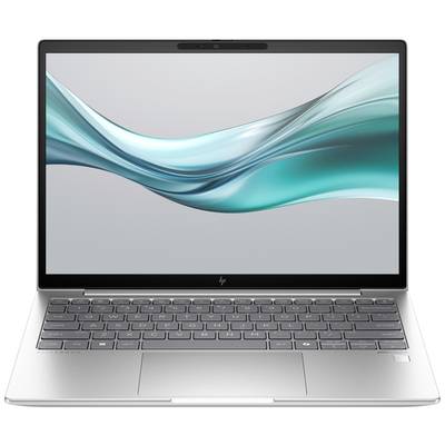 Ein Laptop mit geöffnetem Bildschirm zeigt ein wellenförmiges, türkisfarbenes Hintergrundbild auf weißem Bildschirm.