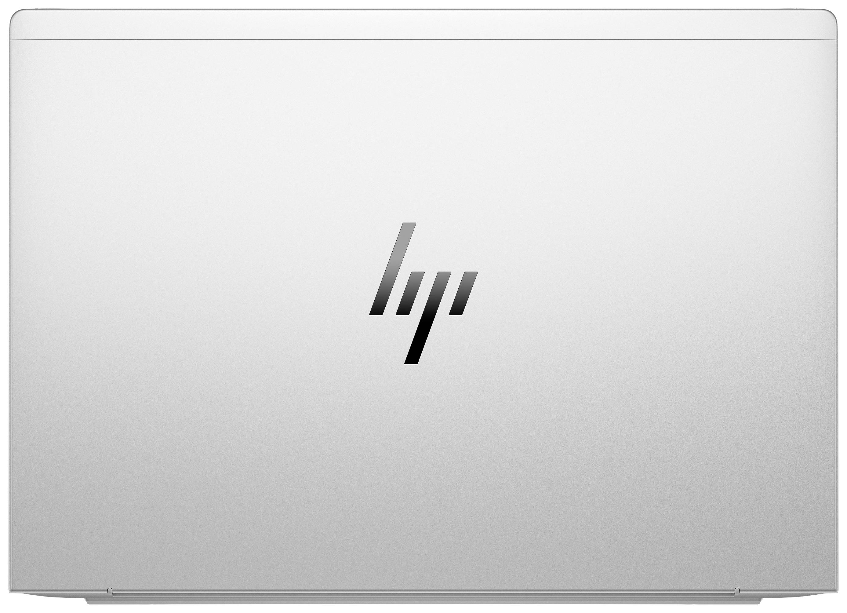 Geschlossener silberner Laptop von HP, auf dem Deckel das schwarze HP-Logo in der Mitte.
