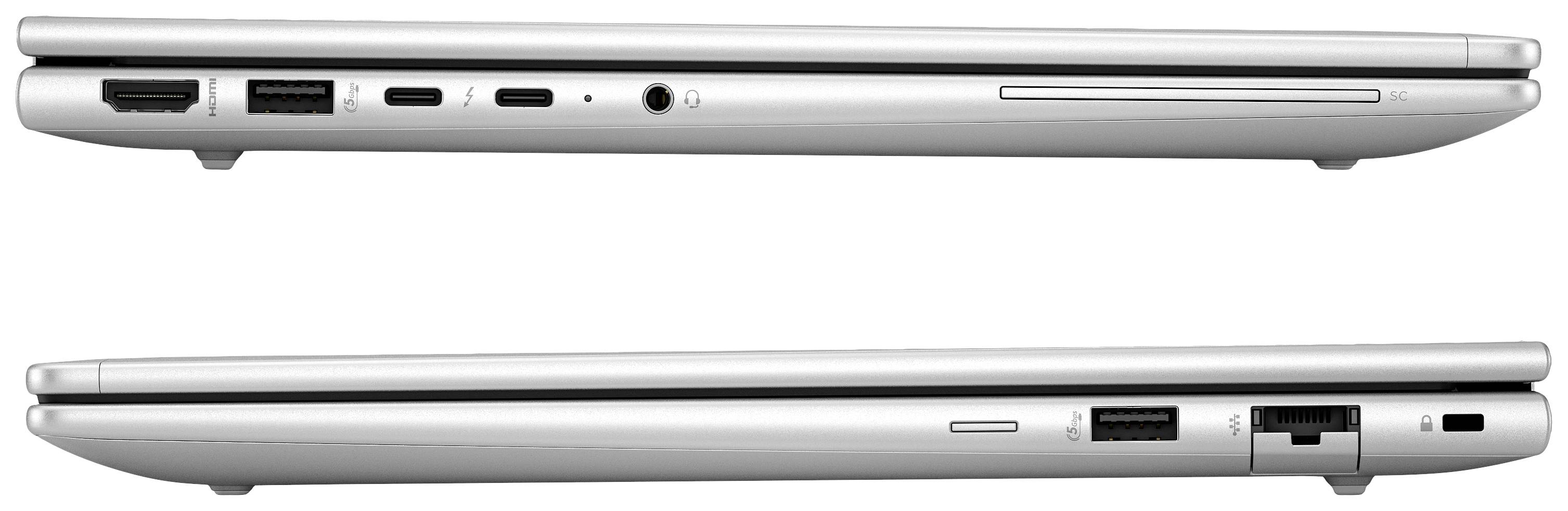 Zwei Laptops in Seitenansicht, zeigen Anschlüsse: oben HDMI, USB, Audiobuchse; unten Netzwerk, USB. Silbernes Gehäuse.