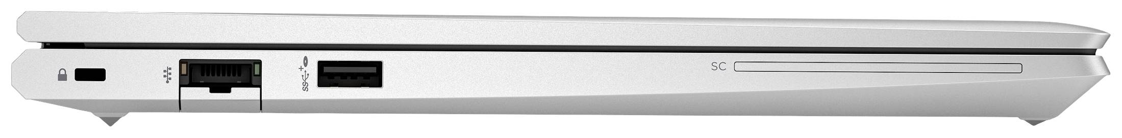 Flacher Laptop seitlich dargestellt, mit Ethernet- und USB-Anschluss sichtbar.