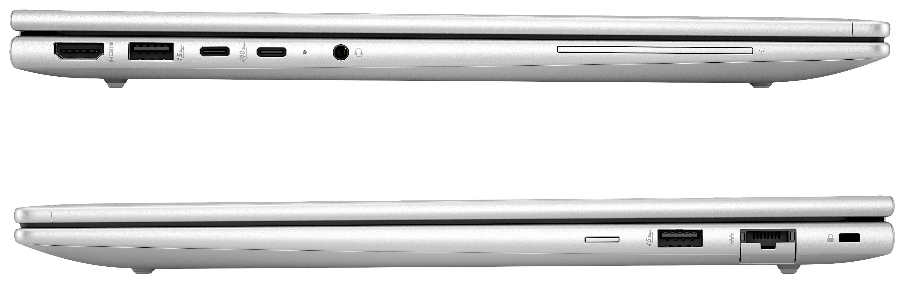 Zwei silberne Laptops im seitlichen Profil zeigen verschiedene Anschlüsse wie HDMI, USB, Ethernet und Audioanschluss.