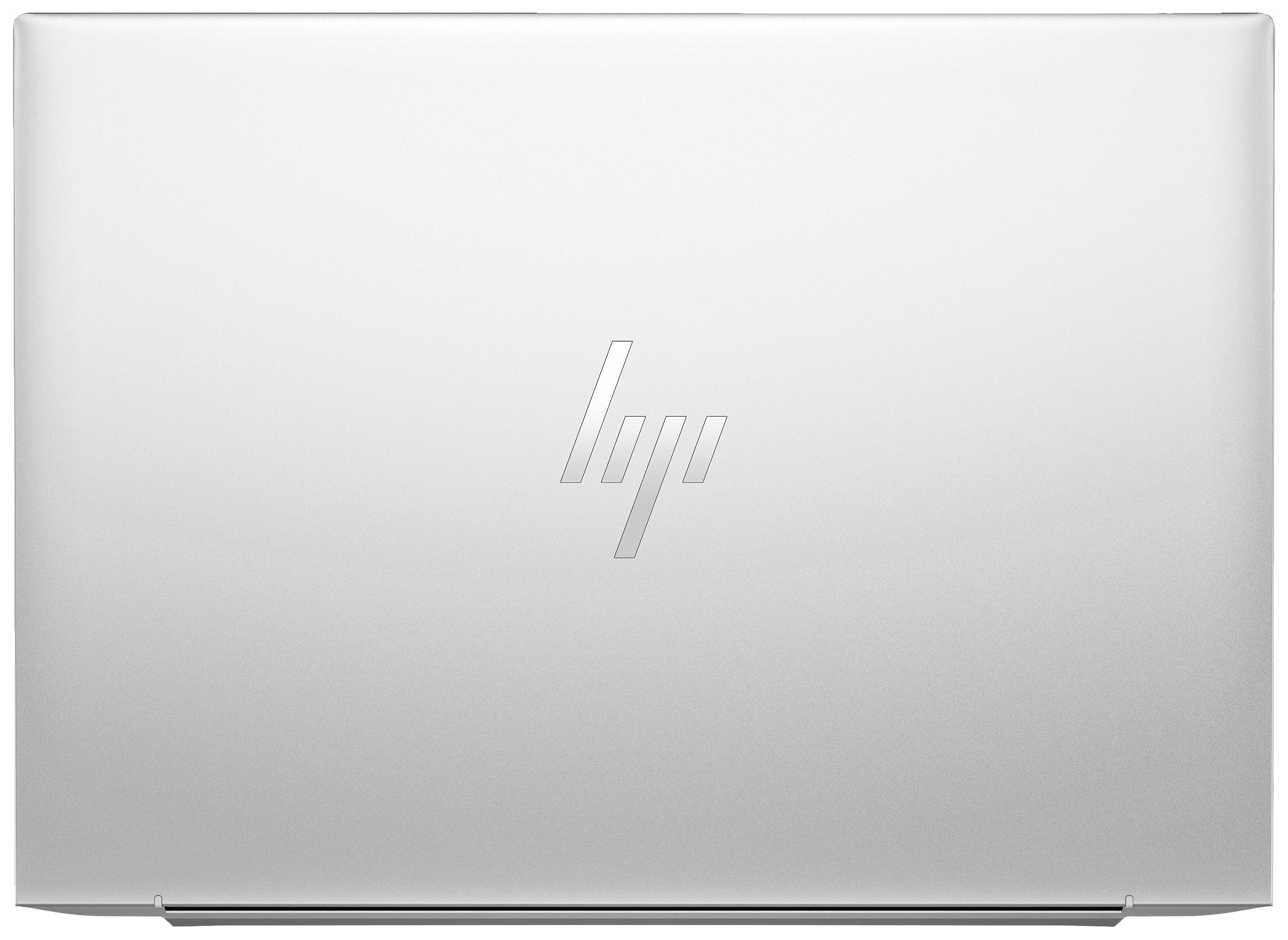 Silbernes Laptop mit Logo der Marke HP auf dem Deckel.