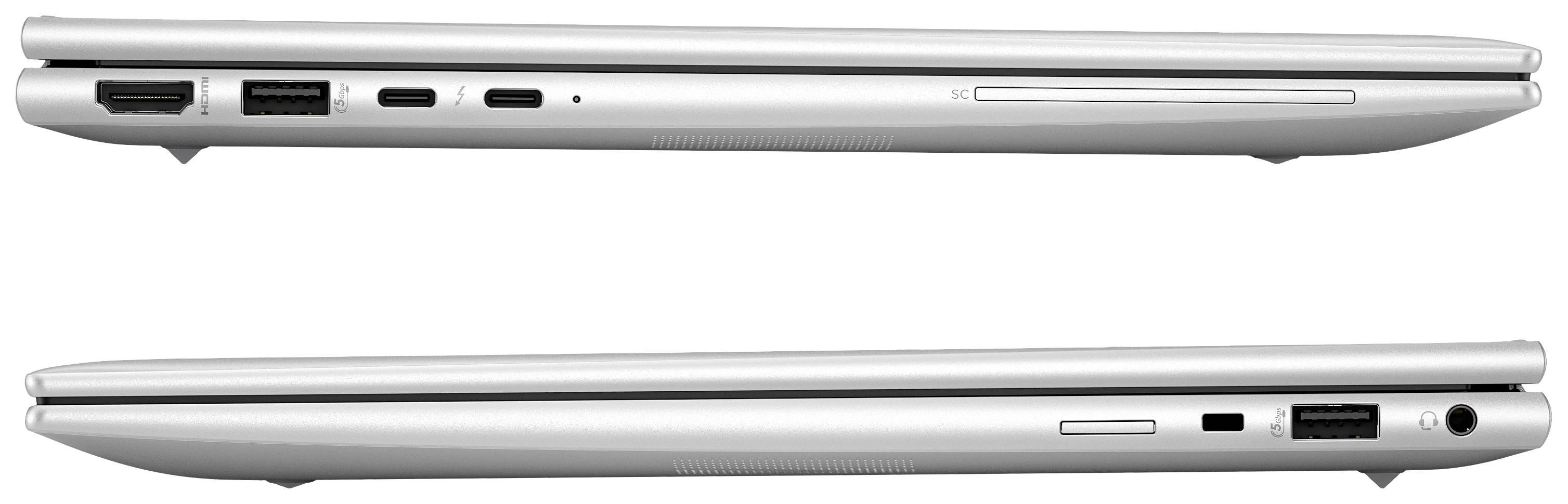 Zwei Laptops seitlich gezeigt. Oben: HDMI, USB, USB-C-Anschlüsse links. Unten: Kartenleser, USB-Anschlüsse und Sicherheitsöffnung rechts.