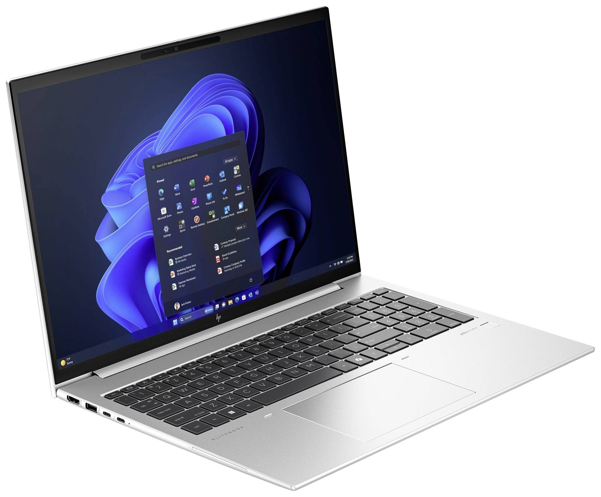 Ein silberner Laptop mit offenem Bildschirm zeigt ein Betriebssystem mit geöffnetem Startmenü, in dem Apps und Funktionen angezeigt werden.