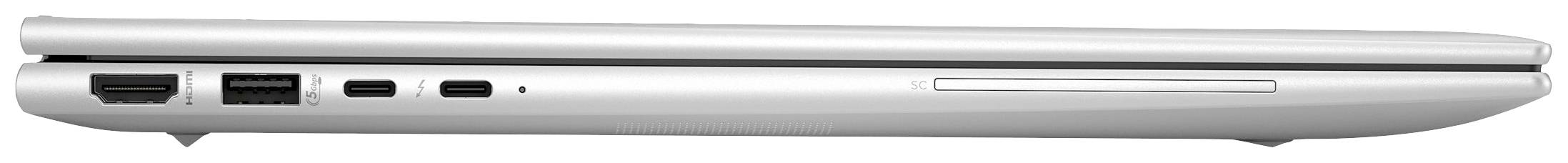 Ein Laptop in Seitenansicht, geschlossen. Zu sehen sind verschiedene Anschlüsse wie USB- und Ethernet-Ports auf der linken Seite.