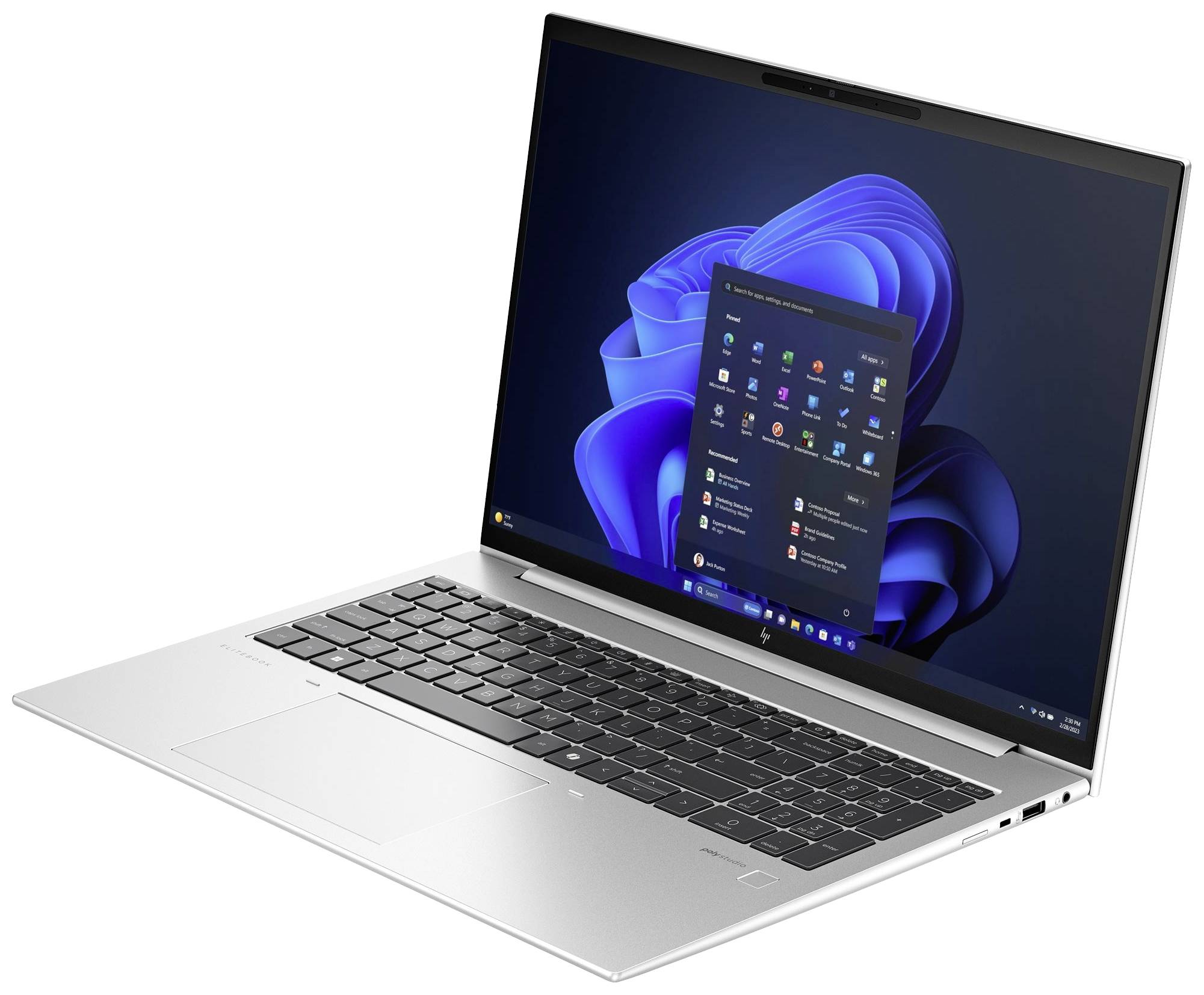 Silberner Laptop mit geöffnetem Bildschirm zeigt Windows-Oberfläche. Tastatur und Touchpad sichtbar. Modernes, schlankes Design.