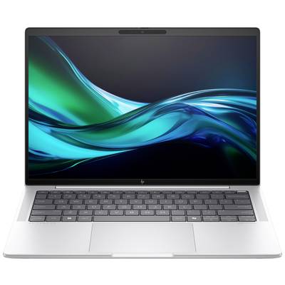 Ein silberner Laptop mit beleuchtetem Bildschirm zeigt ein abstraktes blau-grünes Wellenmuster. Die Beleuchtung der Tastatur ist sichtbar.