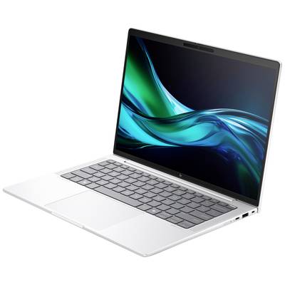 Ein silberner Laptop mit schwarzem Bildschirm zeigt eine dynamische grün-blaue Grafik. Das Gerät ist leicht angewinkelt dargestellt.