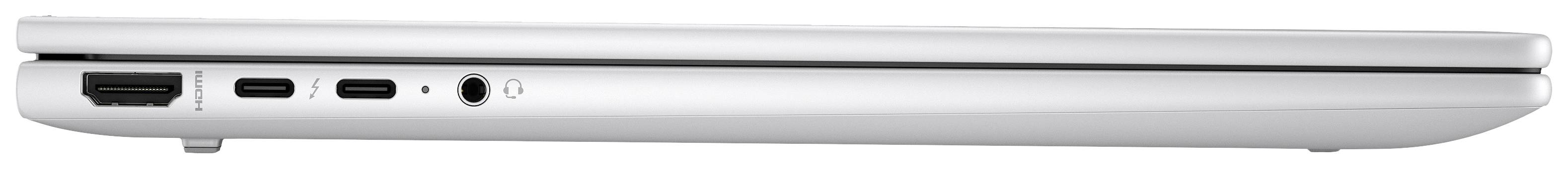 Silberner Laptop seitlich gezeigt: links USB- und Audio-Anschlüsse sichtbar.