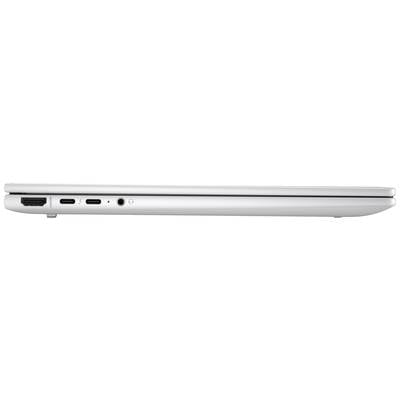 Silberner Laptop seitlich gezeigt: links USB- und Audio-Anschlüsse sichtbar.